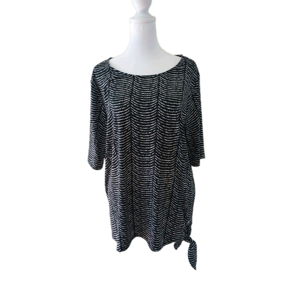 Chico's Size 3 Tunic Shirt Top Black White Stretch Casual Travel Comfort XL Knot